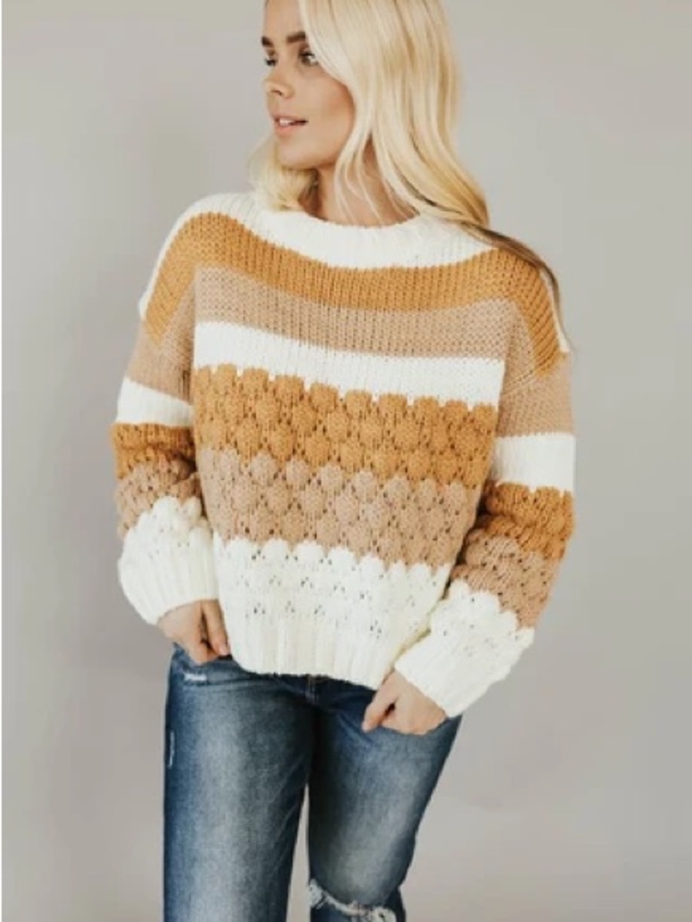 Oversized Chunky Knit Sweater - White, Camel & Tan - Medium - Picture 7 of 7